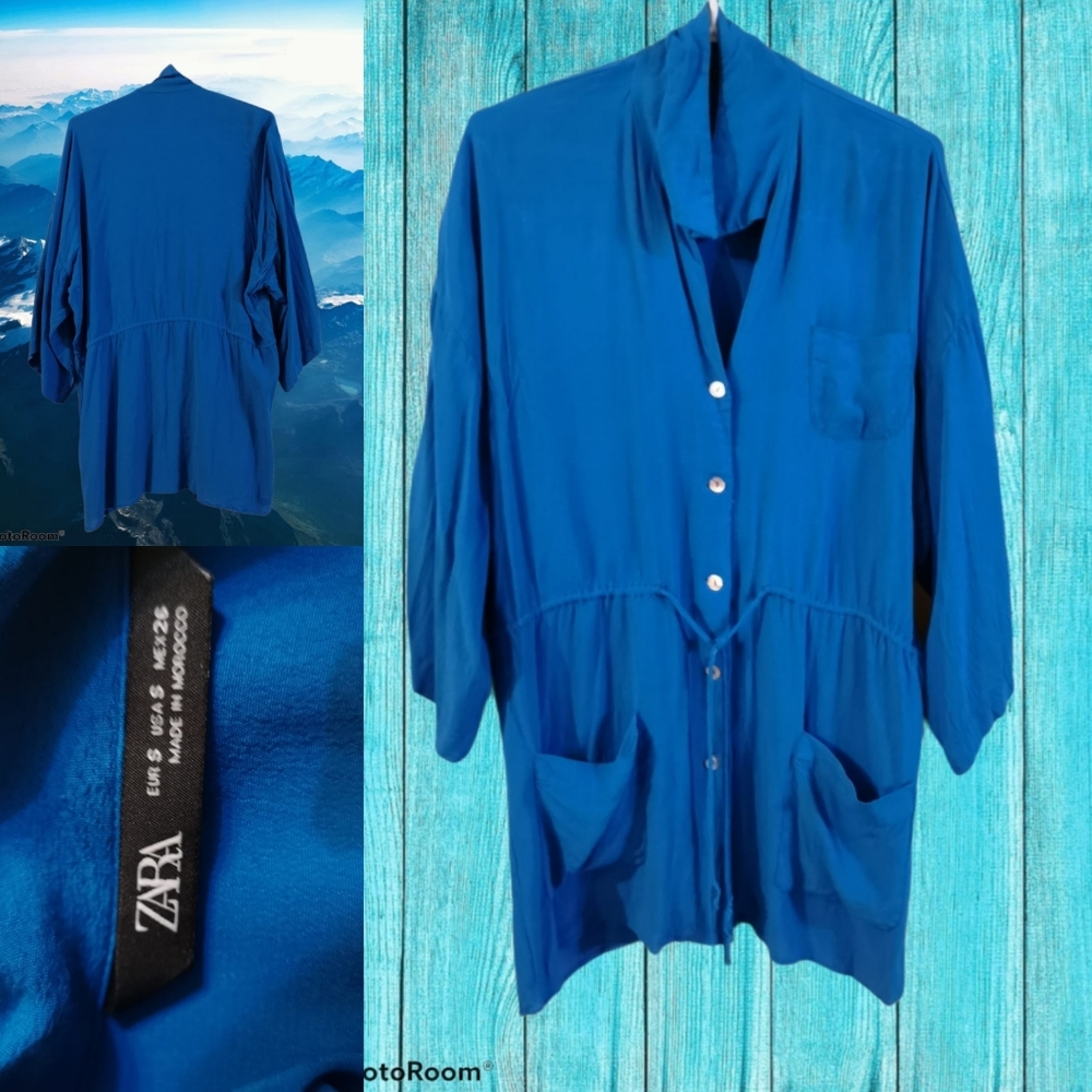 Zara, S, Blue Shirt Dress with Collar, 3/4 sleeve